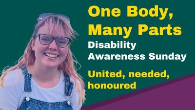 Video thumbnail of young woman with fair hair. Text reads: 'One Body, Many Parts: Disability Awareness Sunday. '