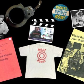 Various disabillity items such as articles, t-shirts and photographs