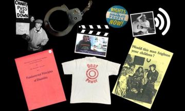 Various disabillity items such as articles, t-shirts and photographs