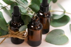 Eucalyptus essential oil bottles and leaves.