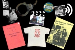 Various disabillity items such as articles, t-shirts and photographs